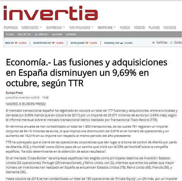 Las fusiones y adquisiciones en Espaa disminuyen un 9,69% en octubre, segn TTR